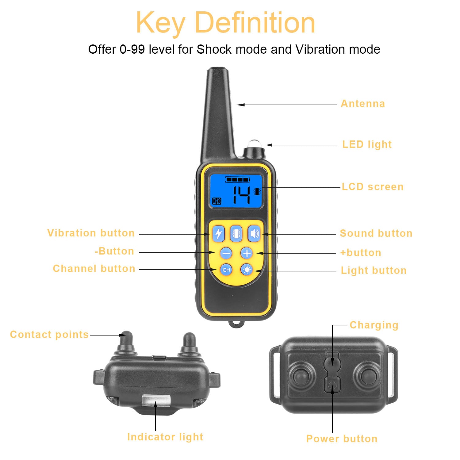 1Pc Dog Training Collar With Remote  IP67 Waterproof Pet Trainer 300mAh Rechargeable 875 Yard Remote Control 4 Modes Adjustable Level