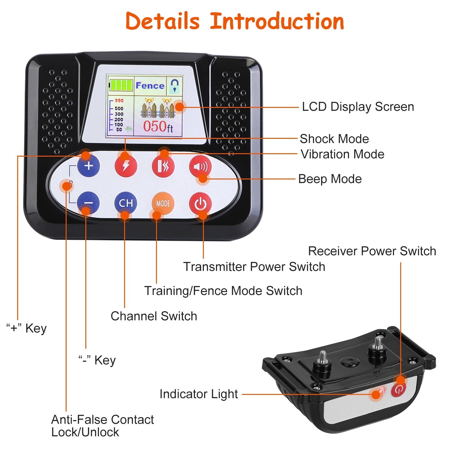 1Set 990FT Range Dog Wireless Fence Remote Training Collar IPX6 Waterproof Receiver With 0-9 Levels Beep Vibration Shock Mode 4 Channels Rechargeable Transmitter System